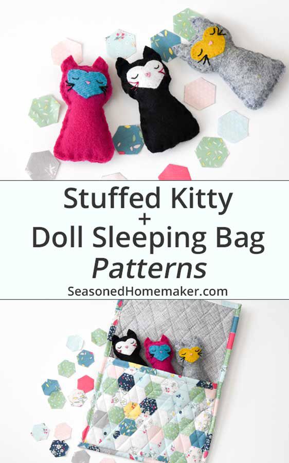 stuffed kitty and doll sleeping bag patterns with text that says stuffed kitty and doll sleeping bag patterns