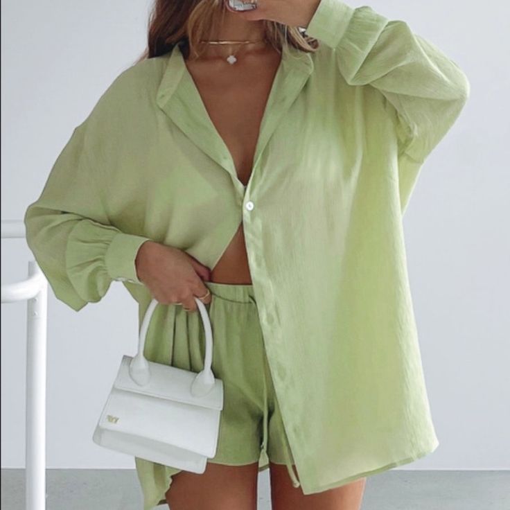 White Fox - Take Me Out Shirt & Shorts, Matcha Button Down - Size M/L Shorts - M Never Worn! Shorts Are Wrinkly From Being Folded But Perfect Condition Spring Button-up Sets For Day Out, Casual Green Sets With Buttons, Green Summer Sets With Button Closure, Green Long Sleeve Sets For Day Out, Casual Summer Sets With Button Closure, Chic Summer Sets With Button Closure, Summer Sets With Buttons For Day Out, Trendy Summer Sets With Buttons, Casual Button-up Sets For Spring