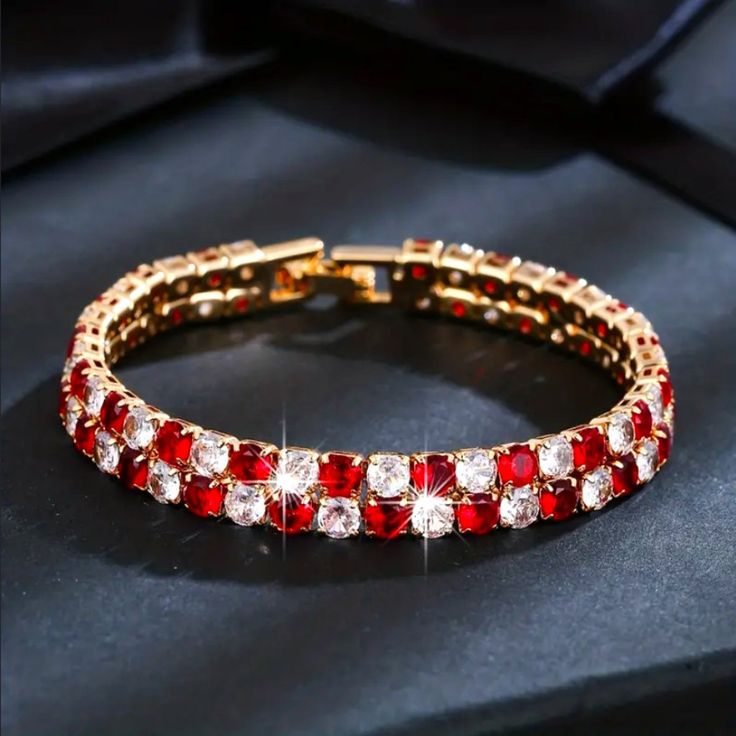 Brand New Women's Gold Ruby & Diamond Double Row Tennis Bracelet 7" Size (The Most Common Women's Size) Width 8mm 14k Gold Plated Sterling Silver 2ct Natural Red Ruby Gemstones Genuine 1ct Lab Created Radiant Cut Diamonds Retail Price $400 Buy With Confidence From A Top Rated Seller With A 99%+ Rating! A0214 (Id-1255) Red Tennis Bracelet With 17 Jewels For Wedding, Red Diamond Bracelet For Formal Occasions, Red Jubilee Tennis Bracelet For Anniversary, Red Diamond Bangle Bracelet Gift, Red Diamond Bracelet As Gift, Red Crystal Bracelet Perfect For Gifts, Red Cubic Zirconia Tennis Bracelet For Anniversary, Red Round Tennis Bracelet For Formal Occasions, Elegant Red Tennis Bracelet For Anniversary