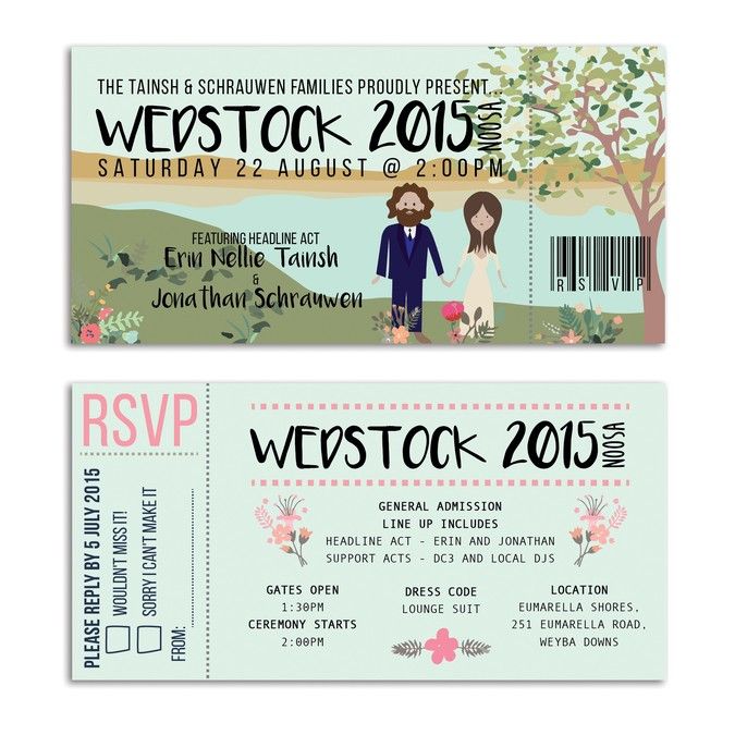 two tickets for the wedding ceremony with an image of a man and woman holding hands