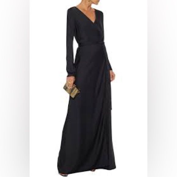 Pristine, New With Tag Diane Von Furstenberg Hayworth Evening Gown. Black Long Sleeve With V-Neck Sash-Tie Closure At Front Size: Xl Waist: 38" Hip: 41" Length: 60" Fabric: 100% Polyester Item # Wdi236293 Dry Clean Only Chic Formal V-neck Gown, Elegant Silk V-neck Gown, Silk V-neck Maxi Dress For Formal Occasions, Chic Long Sleeve Formal Gown, Chic V-neck Formal Gown, Chic Formal Gown With V-neck, Luxury V-neck Maxi Dress For Formal Occasions, Silk V-neck Maxi Dress For Evening, Luxury V-neck Maxi Dress For Evening