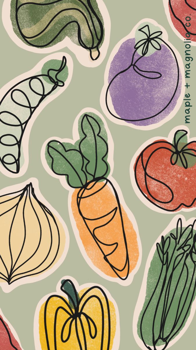 a bunch of vegetables that are drawn on paper