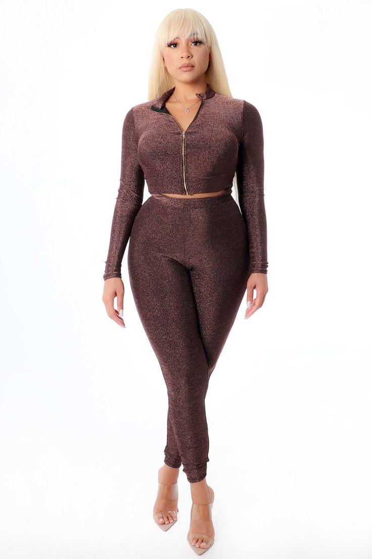 Shimmery, mock kneck, two-piece, long-sleeve two-piece pant set. Stretch material with elastic waist. Fall Long Sleeve Matching Pant Set, Stretch Long Sleeve Pant Set For Loungewear, Chic Two-piece Set With Long Sleeves, Chic Two-piece Long Sleeve Set, Two-piece Long Sleeve Pant Set For Loungewear, Two-piece Long Sleeve Loungewear Pant Set, Long Sleeve Loungewear Two-piece Set, Chic Long Sleeve Pant Set For Party, Chic Two-piece Pant Set With Long Sleeves