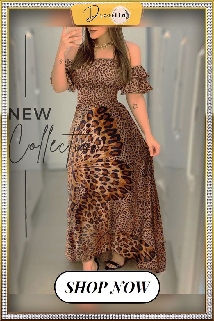 Butterfly Print Dress Leopard Print Off Shoulder Girdle Waist Big Swing Evening Dress Lotus Leaf Sleeve Long Skirt Elegant Brown Printed Dress, Leopard Print Vacation Dresses, Elegant Leopard Print Summer Dress, Casual Leopard Print Party Dress, Brown Non-stretch Party Dress, Summer Leopard Print Dresses With Ruffles, Summer Leopard Print Dress With Ruffles, Casual Leopard Print Knee-length Dress, Casual Midi Leopard Print Dresses