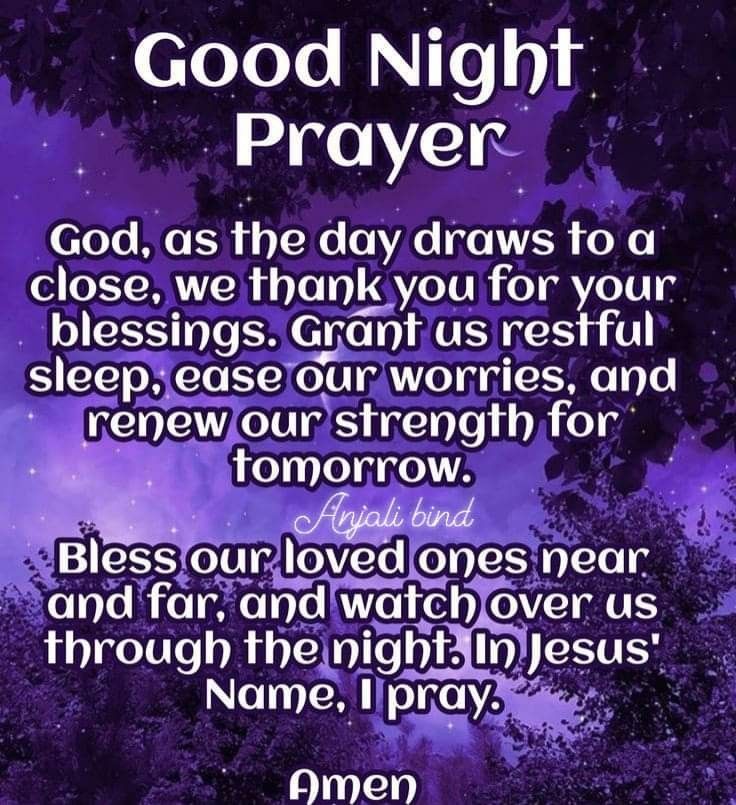 a purple background with the words good night prayer on it and an image of trees