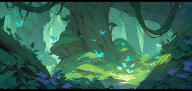 an animated scene of a forest with lots of trees and blue butterflies flying over the ground