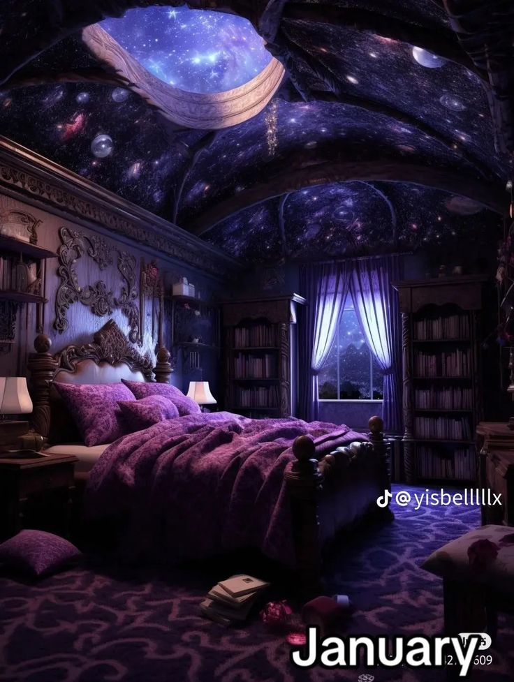 a bed room with a neatly made bed under a sky filled with stars