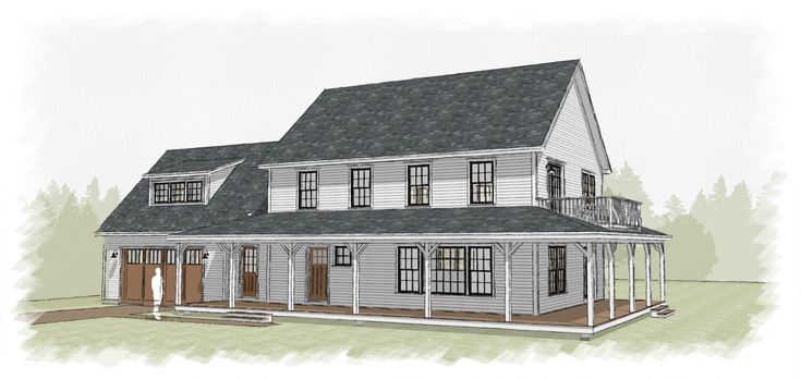 this is an artist's rendering of the front elevation of a farmhouse style home