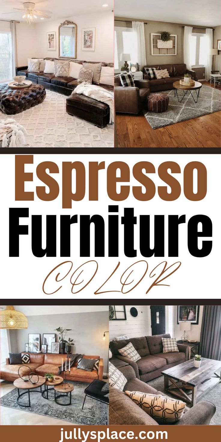 Espresso furniture color Espresso Sofa Living Rooms, Espresso Leather Couch Living Room, Espresso Couch Living Room Ideas, Espresso Furniture Living Room, Dark Brown Furniture Living Room, Dark Brown Furniture Living Room Decor, Dark Brown Couch Living Room Ideas, Dark Brown Living Room Furniture, Espresso Bedroom Furniture