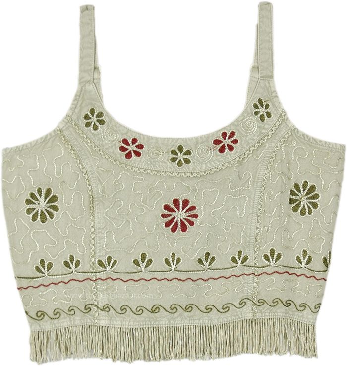 Light Green soft short crop top with floral red and green design, overall embroidery, and free-spirited tassels. It comes in three sizes, and it further has flexible straps and the back has an elastic to fine-tune the fit. #tlb #Sleeveless #beachwrap #bohemianfashion #Handmade #BohemianTop Embroidered Sleeveless Crop Top For Summer, Bohemian Sleeveless Crop Top With Floral Embroidery, Bohemian Sleeveless Floral Embroidered Crop Top, Hippie Festival Crop Top, Green Bohemian Cotton Crop Top, Embroidered Summer Crop Top, Spring Bohemian Embroidered Crop Top, Bohemian Floral Embroidery Crop Top For Spring, Summer Festival Crop Top With Floral Embroidery