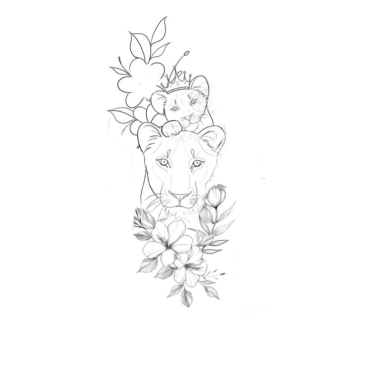 a black and white drawing of a lion with flowers on it's back side