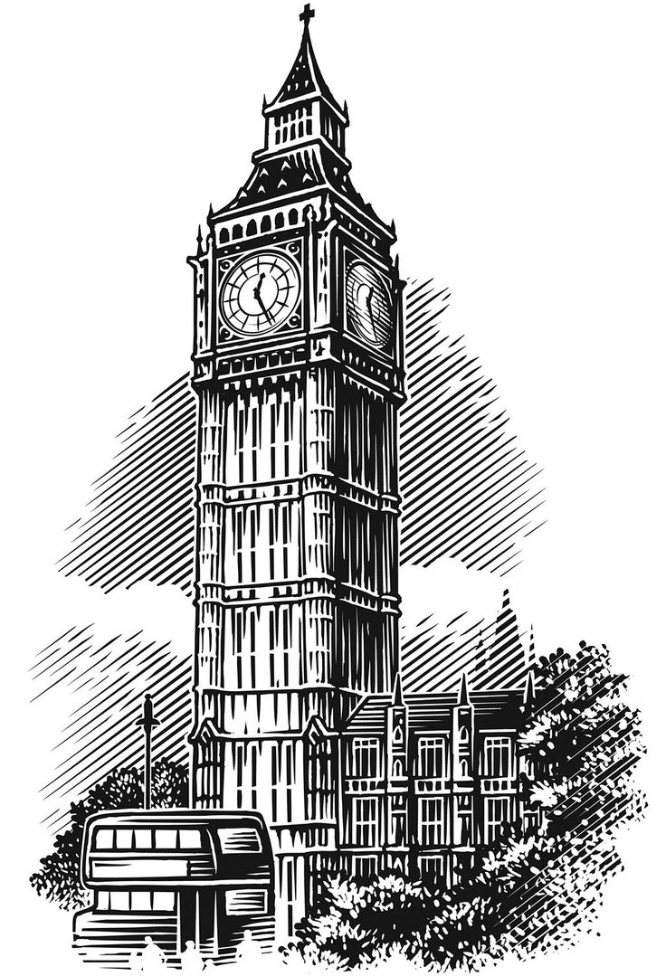 the big ben clock tower towering over london england in black and white, vintage line drawing or engraving style