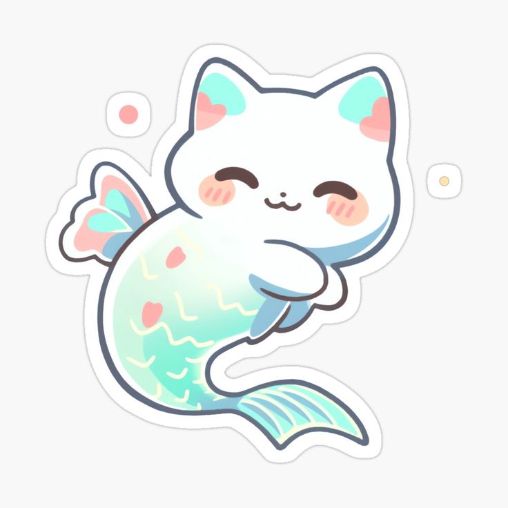 a white cat with blue and pink fish tail sticker