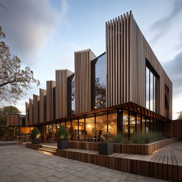 the building is made out of wood and has large windows on each side, along with stairs leading up to it