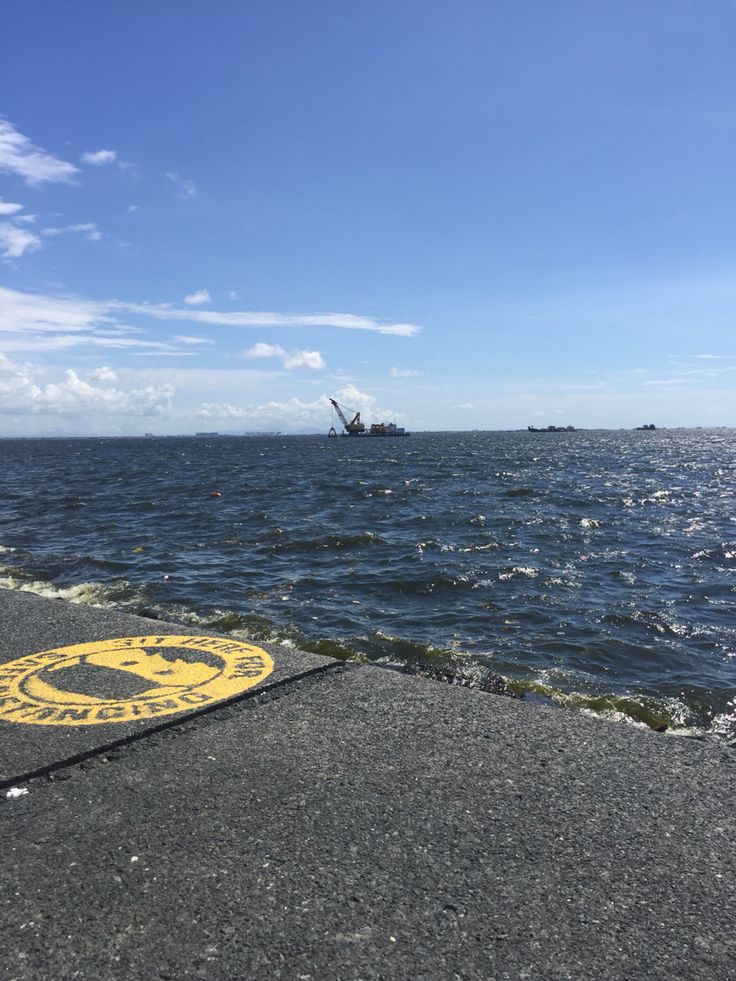 a yellow and black sign sitting on the side of a body of water next to an ocean