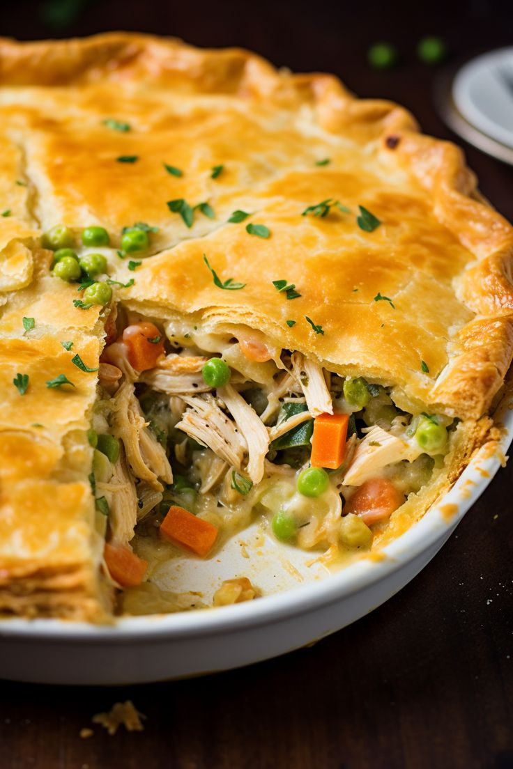 a chicken pot pie is cut in half and ready to be eaten on the table