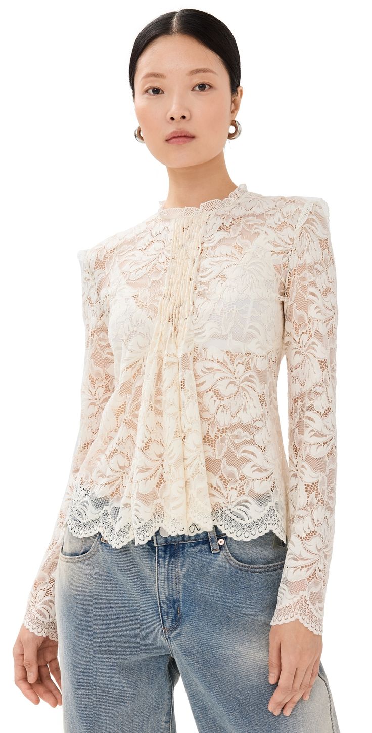 Find RABANNE Haut Blouse on Editorialist. Fabric: Lightweight floral lace. Pintuck details at front. Flared cuffs and hem. Round neckline and long sleeves. Silver-tone button and hidden zip at back. Shell: 90% polyamide/10% elastane. Hand wash or dry clean. Imported, Tunisia. Measurements: Measurements from size 36 Length: 22.5in / 57.0cm, from shoulder Ivory Lace Top, Lace Blouse Long Sleeve, Floral Lace Tops, Georgette Blouse, Blouse Nordstrom, Net Fabric, Paco Rabanne, Pink Blouse, Tunisia