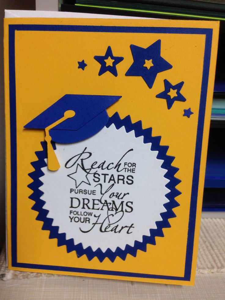 a yellow and blue graduation card with the words reach for stars, pursue your dreams