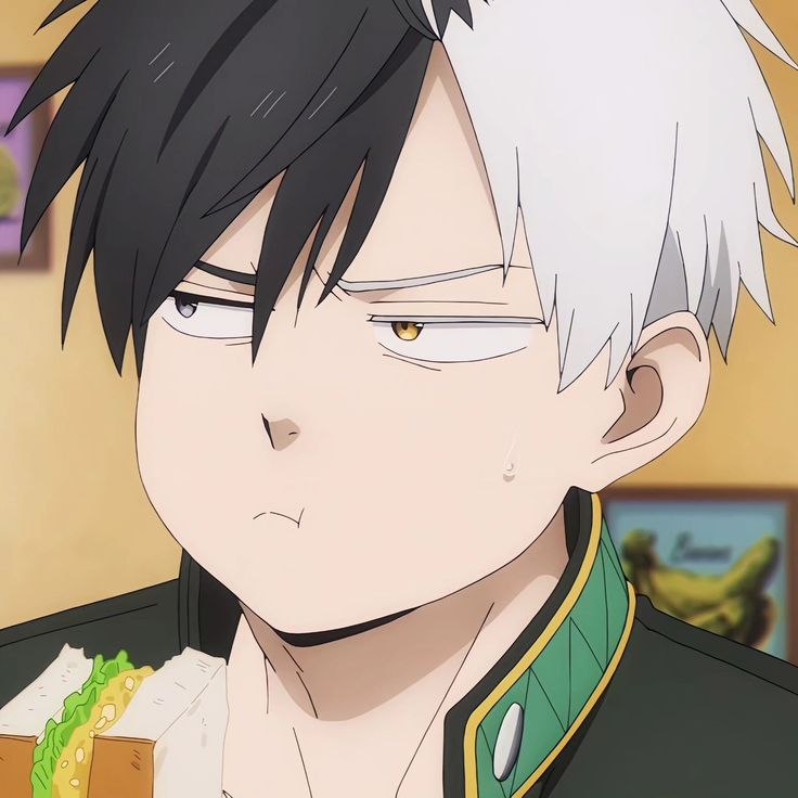 an anime character with white hair and green eyes looking to his left, in front of a brown wall