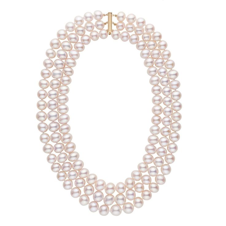 A statement piece of this size - a triple strand of 9.5-10.5 mm pearls - would even make Jackie Onassis blush. This superb-quality, large three-row pearl necklace is fit for a first lady. When you admire this triple strand of fine pearls in front of the mirror for the first time, one thing will be unmistakable - nothing quite compares to full triple strand of white pearls. You will look radiant wearing them. The pearls are 9.5-10.5 mm in size, which is already considered large for freshwater pea Fine Pearl Jewelry, Cultured Pearl Necklace, Bridal Jewellery Indian, Freshwater Pearl Necklace, White Freshwater Pearl, Pearl Types, Freshwater Pearl Necklaces, Pearl Size, Dream Jewelry