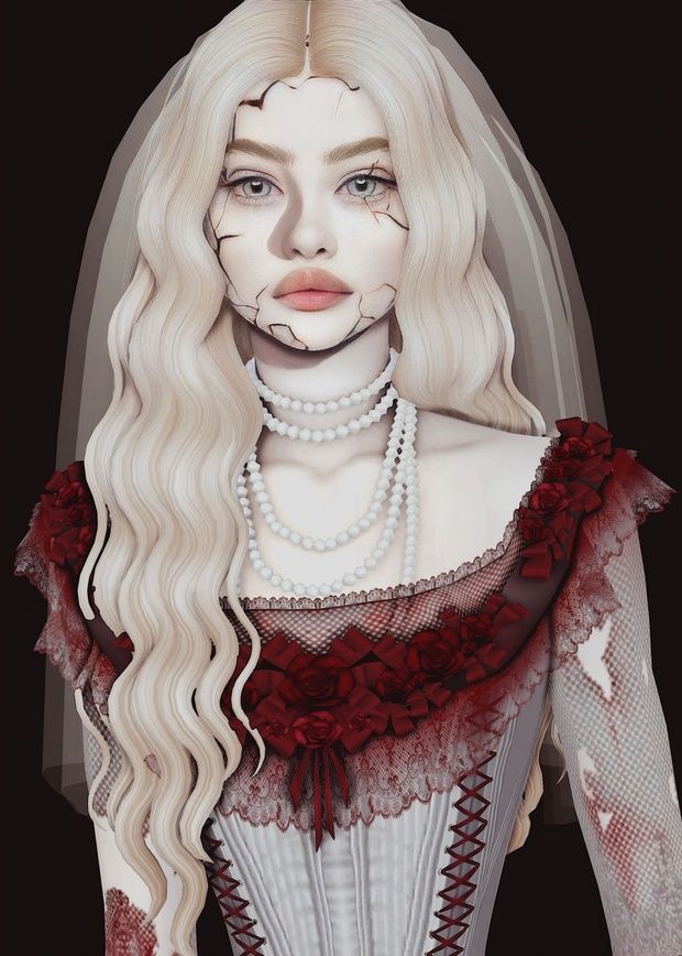 a digital painting of a woman with white hair wearing a red dress and pearls on her face