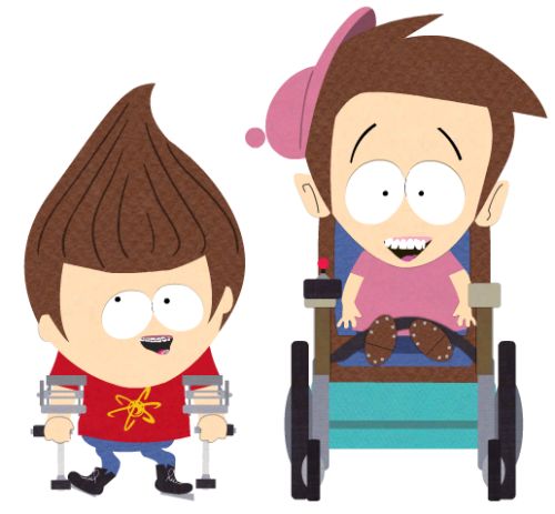 two cartoon characters are sitting in a wheelchair