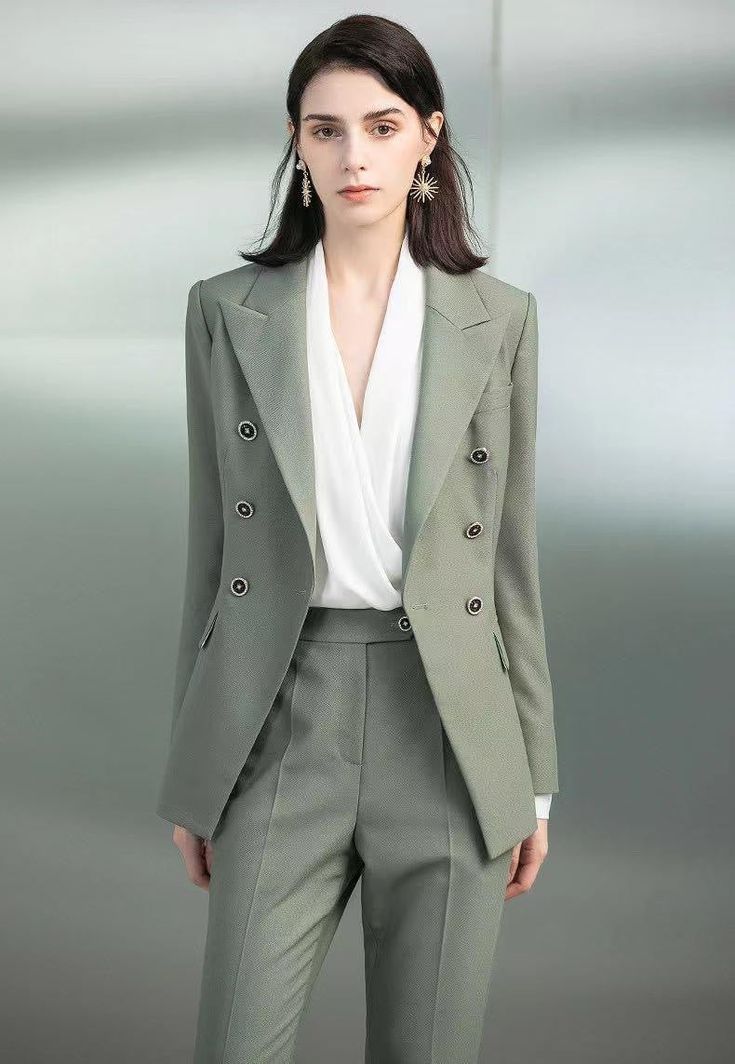 Sage Sophisticate Tailored Pantsuit – FashionByTeresa Woman 3 Piece Suit, Tailored Suit Women, Green Suit Women, Muted Sage, Crisp White Blouse, Quiet Confidence, Tailored Suit, Corporate Outfits, Green Suit