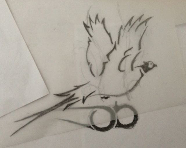 a drawing of a bird with scissors in it's beak