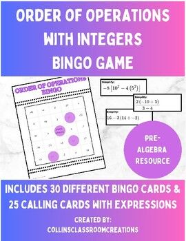 the order of operations with integers bingo game