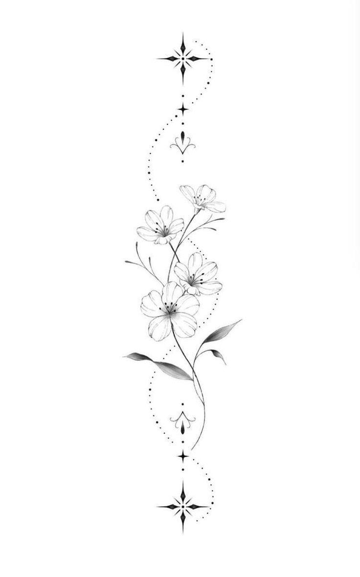 a black and white drawing of flowers with stars on it's side, in the middle