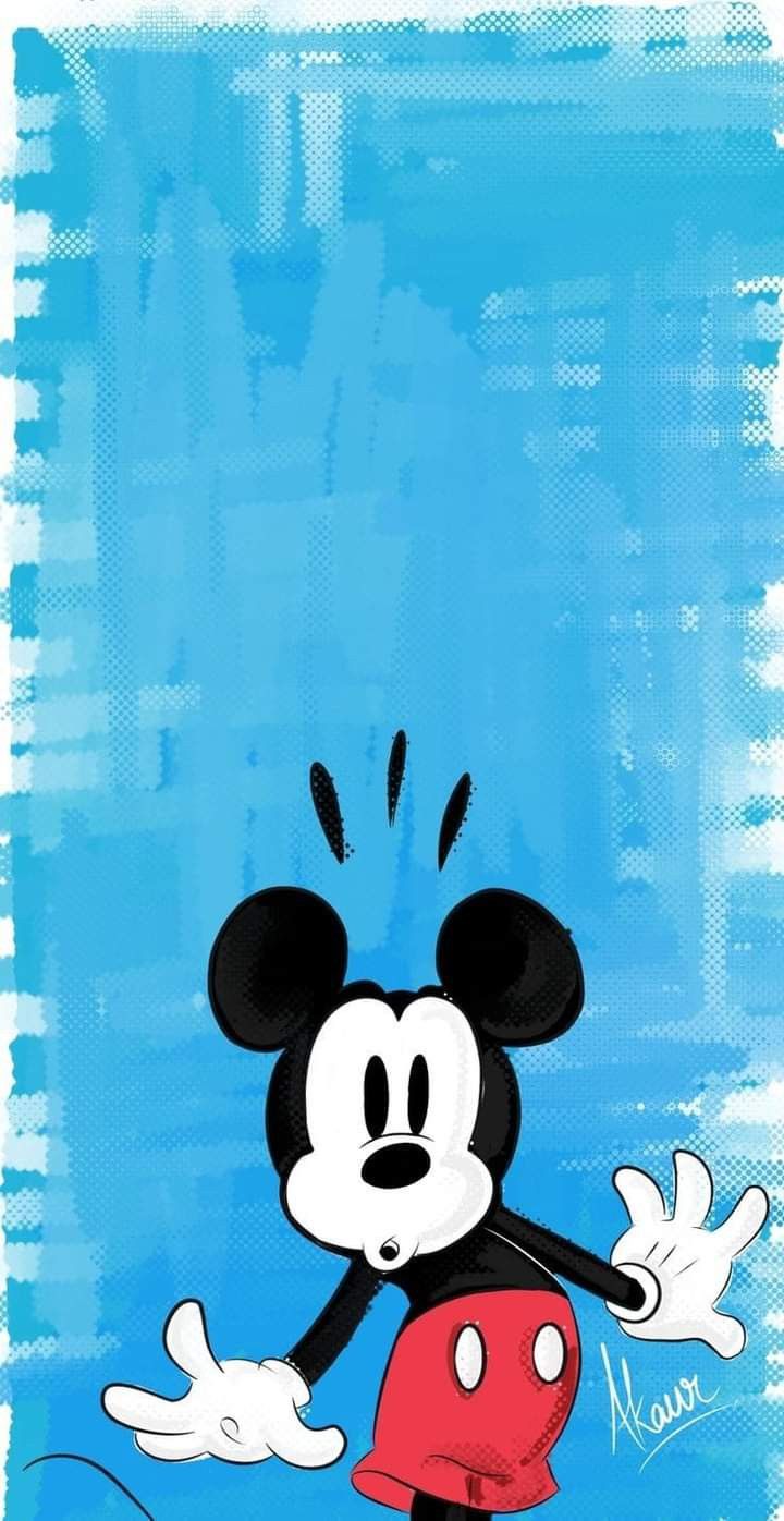 a cartoon mickey mouse with his arms out and eyes wide open, standing in front of a blue background