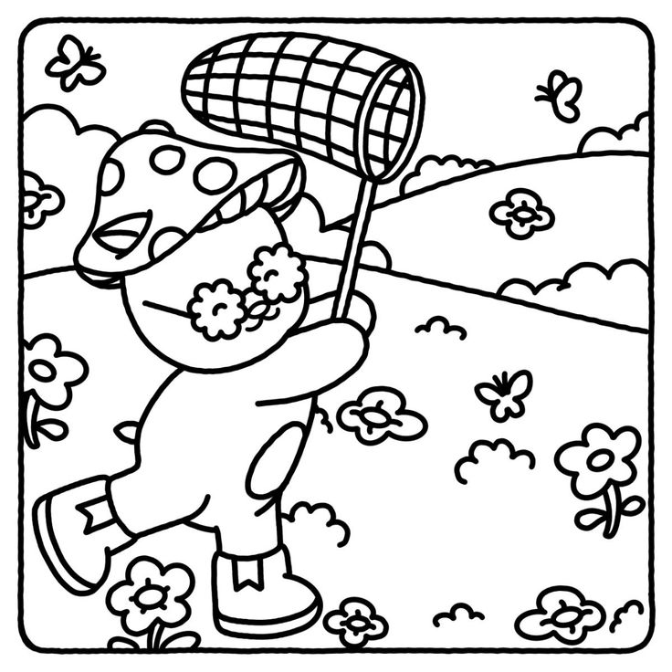 a cartoon character holding a net in his hand with flowers and butterflies around it, coloring page