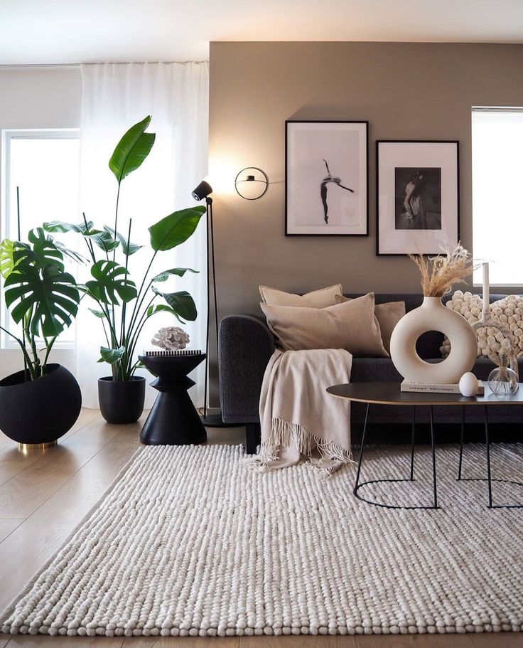 a living room filled with furniture and potted plants on top of a rug in front of a window