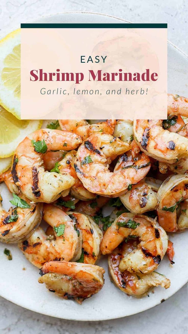 shrimp marinade on a plate with lemon and parsley