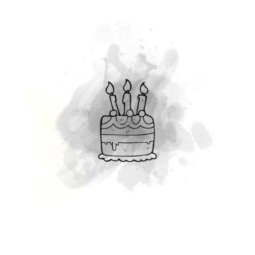 a drawing of a birthday cake with three candles on it's top and watercolor blotches around the edges