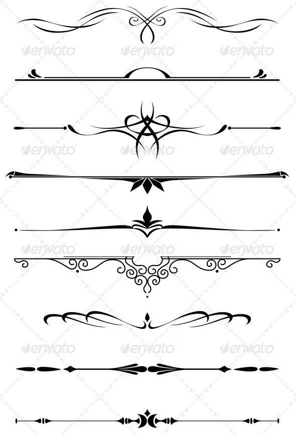 a set of decorative dividers with swirls and scrolls on white background stock photo