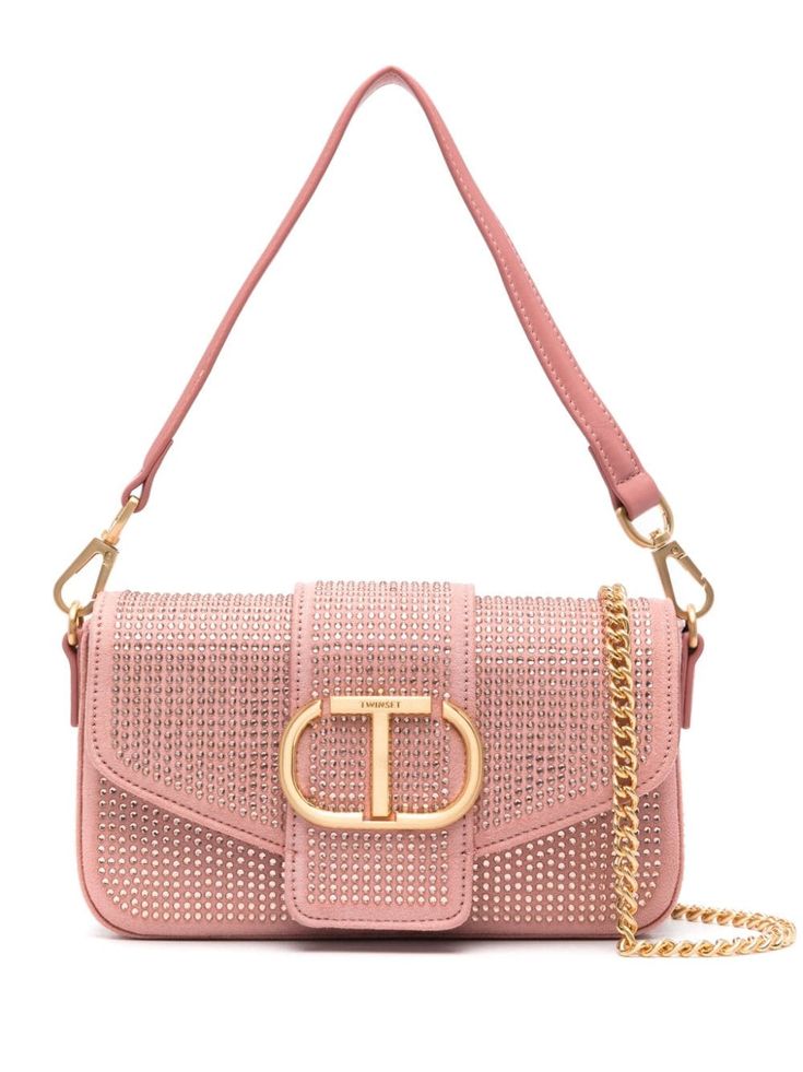 coral pink faux suede crystal embellishment signature Oval T logo plaque foldover top single detachable top handle detachable leather and chain-link shoulder strap main compartment internal logo tag contrast lining logo-engraved gold-tone hardware concealed magnetic fastening This piece comes complete with a protective dust bag. Shoulder Bag Pink, T Logo, Chanel 2, Iconic Bags, Logo Tag, Crystal Embellishment, Ballet Flat Shoes, Coral Pink, White Bag