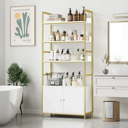 a bathroom with a bathtub, sink and shelves filled with personal care items in it