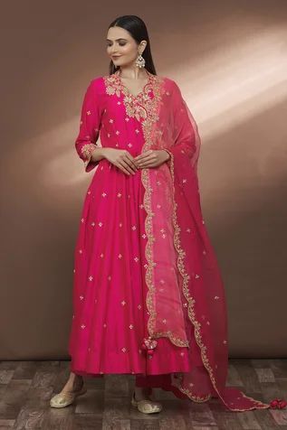 Shop for Surbhi shah Pink Pure Spun Silk Floral Embroidered Angarkha Set for Women Online at Aza Fashions Placement Embroidery, Rani Pink, Anarkali Dress Pattern, Healing Affirmations, Casual Party Dresses, Trendy Dress Outfits, Embroidered Dupatta, Zari Work, Anarkali Suits