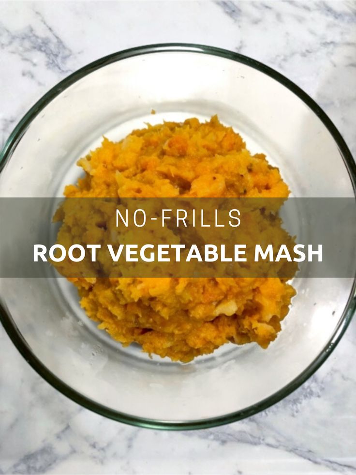 no - frills root vegetable mash in a glass bowl on a marble countertop