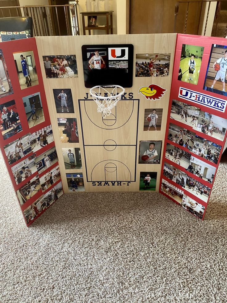 a basketball court made out of wood with pictures on it