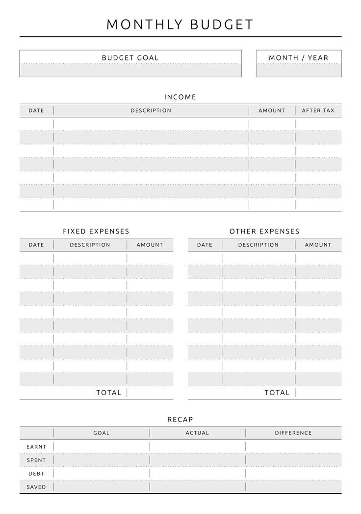 a printable budget sheet with the words, month and year in white on it