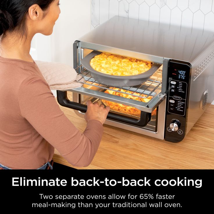 Meet the Ninja® Double Oven, the countertop oven that unlocks the power of two ovens in the counter space of one. Only Ninja has the FlexDoor™ that creates 2 separate ovens so you can cook 2 meals, 2 ways at different temperatures and cooking times. Use just the Top Rapid Oven for quick snacks, sides, and sheet pan meals—or the Bottom Convection & Air Fry Oven for larger roasts, bakes, or air frying up to 6 lbs of wings. You can also sync both independent ovens to cook a full course meal that fi Full Course Meal, Oven Top, Convection Toaster Oven, Countertop Oven, Cook Smarts, Keep Food Warm, Course Meal, Oven Cooking, Oven Recipes