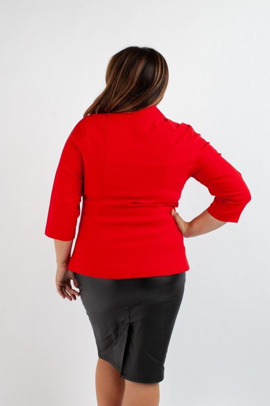 3/4 Sleeve Millennium Plus Size Blazer in solid Red Collared, single-breasted jacket with 2 buttons Materials: 74% rayon, 22% nylon 4% spandex Great for office wear, business, or business casual Pair with the Abstract Black & White Jumpsuit and red or black heels for a stylish brunch look with the girls. The faux leather, Millennium Pencil Skirt is also available. Stretch Blazer With Notch Lapel For Office Wear, Stretch Notch Lapel Blazer For Office, Stretch Blazer For Business Casual, Red Blazer For Office Wear In Fall, Fitted Red Blazer For Office Wear, Red Fall Office Wear Blazer, Red Long Sleeve Blazer For Business Casual, Tailored Red Blazer For Office Wear, Classic Red Blazer For Office Wear