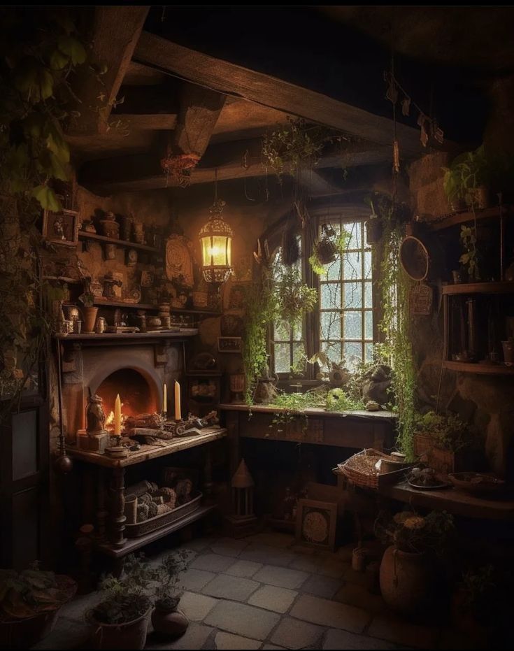 an old fashioned kitchen with a fireplace and potted plants in the window sill