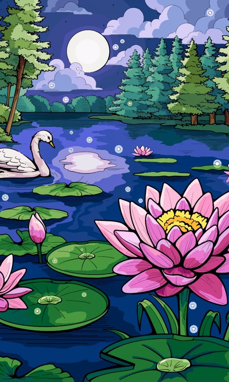 a painting of water lilies and swans in a pond