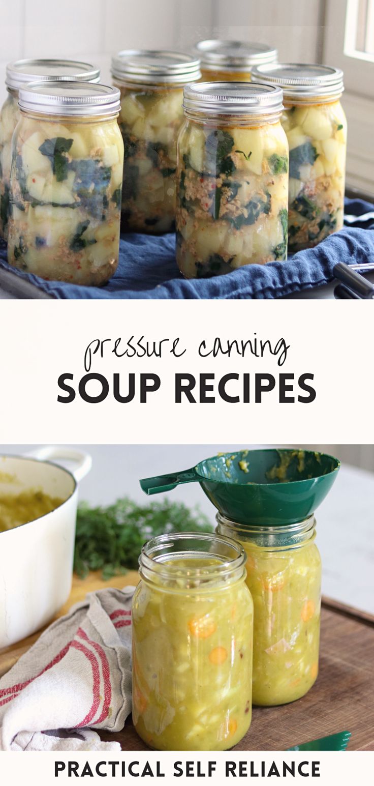 four jars filled with soup sitting on top of a table