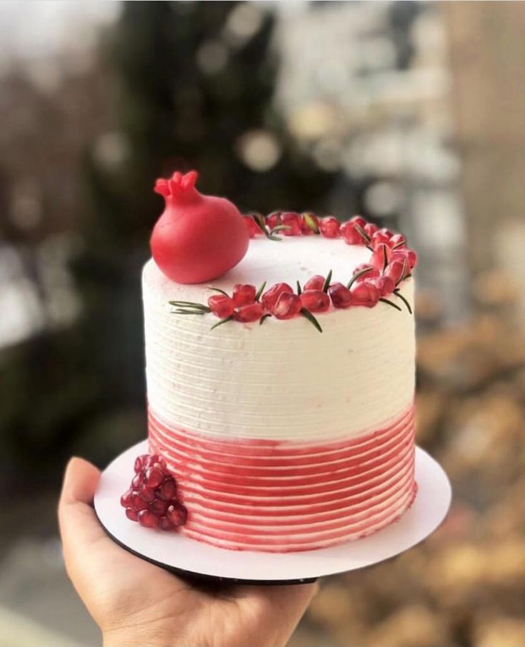 a white and red cake with pomegranates on top is being held by a person