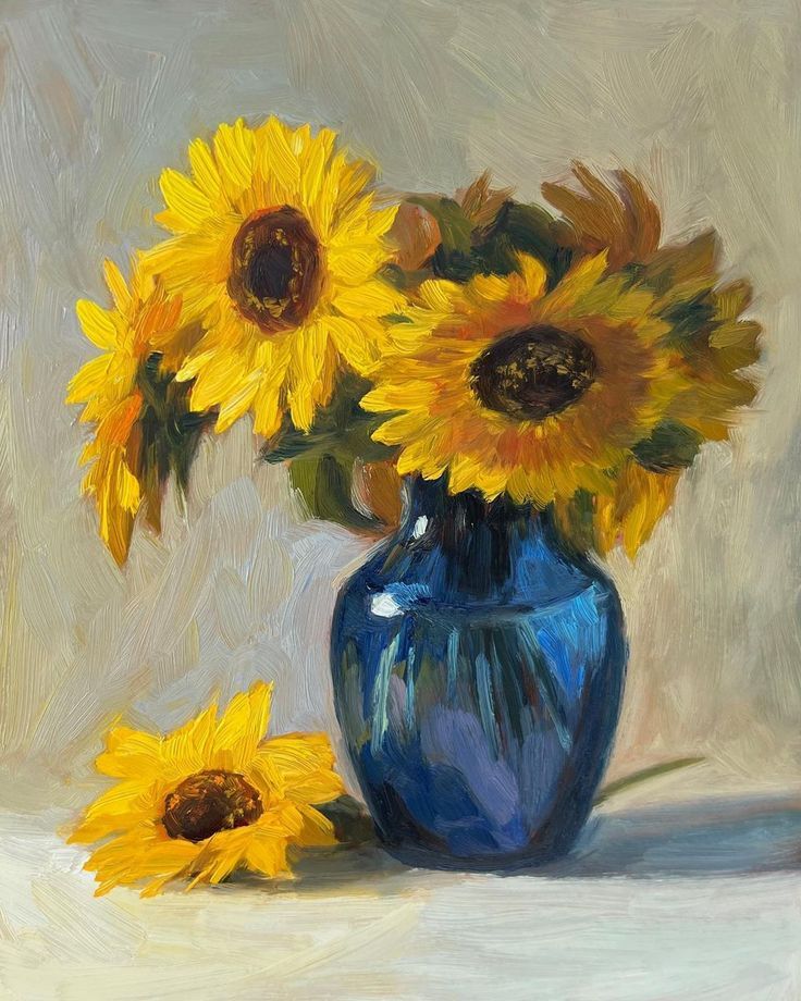 a painting of sunflowers in a blue vase