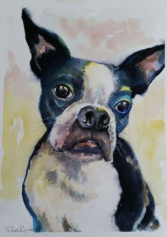 a painting of a black and white boston terrier dog looking at the camera with blue eyes